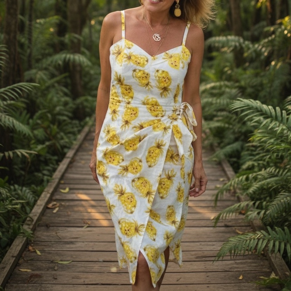 White House Black Market Midi Dress Sundress Sun Yellow Pineapple Sleeveless 8